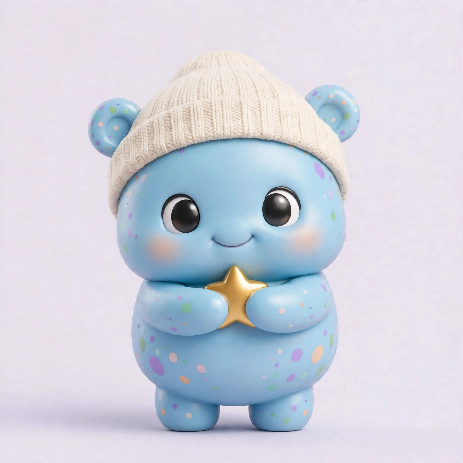 The Buddy — a tiny sky-blue critter with round ears and a knitted beanie, hugging a golden star