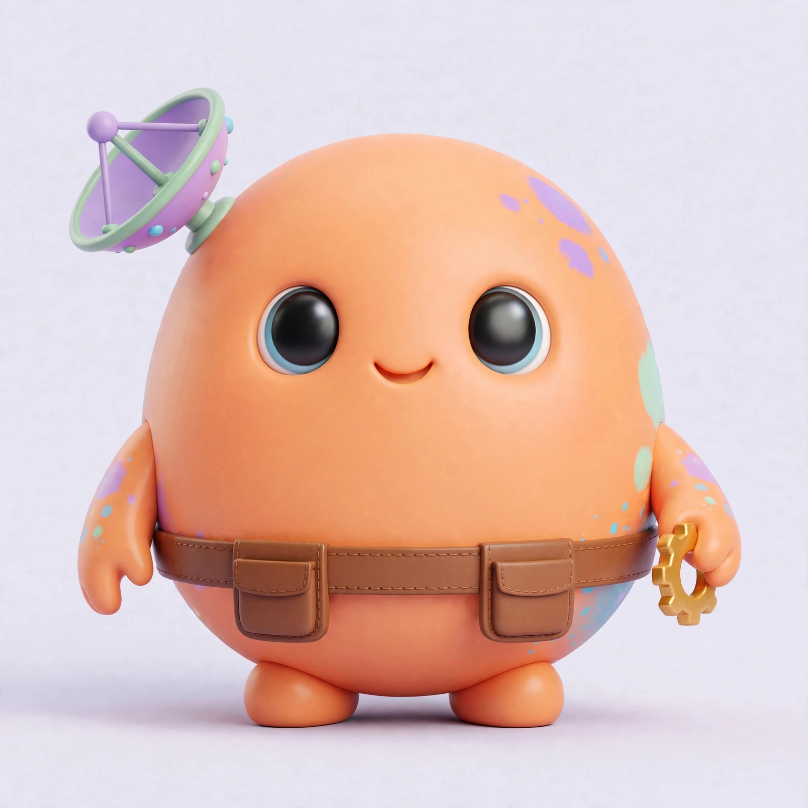 The Maker — a peach-orange critter with a satellite-dish ear, holding a golden gear, with a plain tool belt