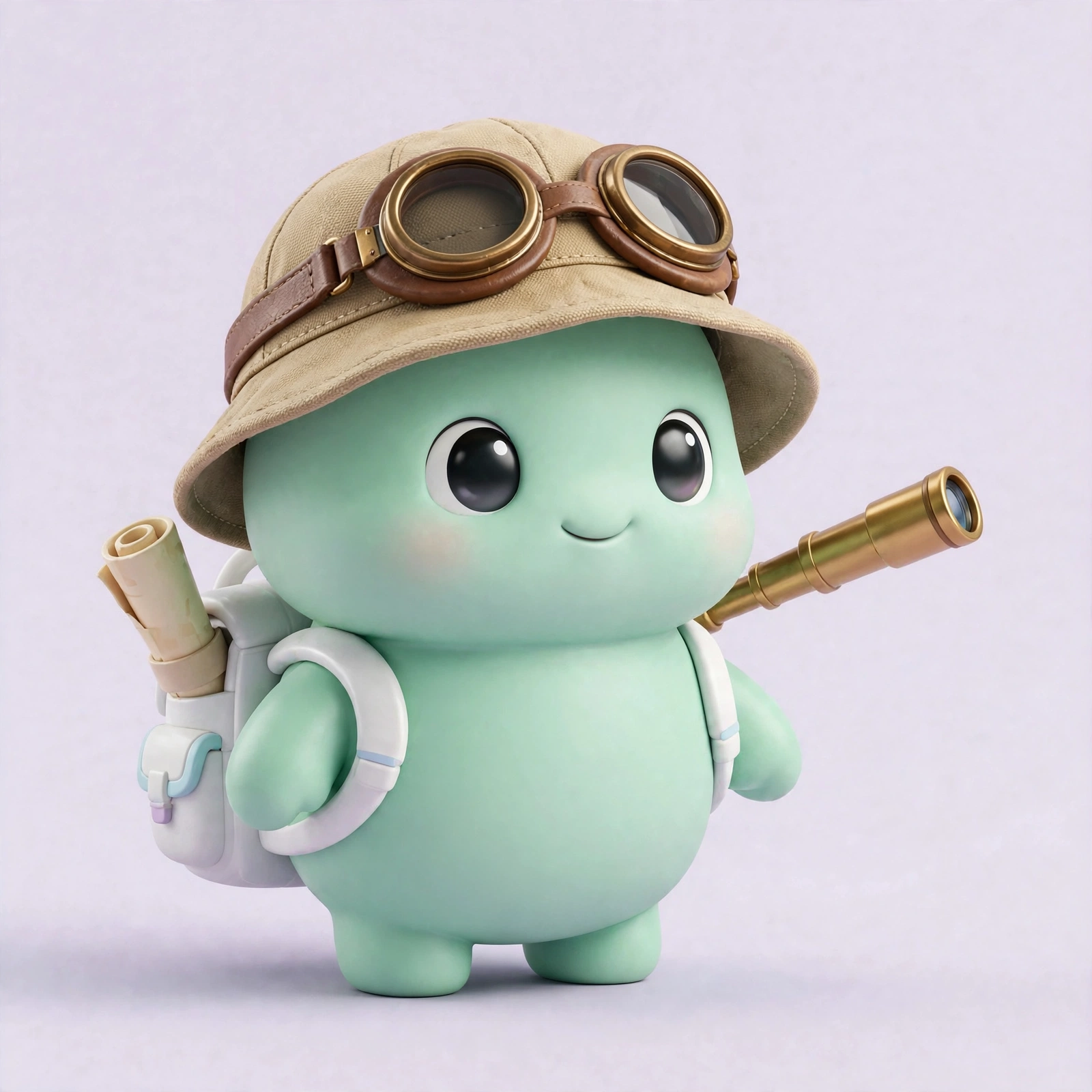 The Explorer — a mint critter in a canvas explorer hat with goggles, a map tube and telescope on its backpack